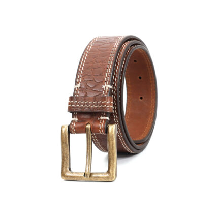 Men’s Tan Croco-Print Leather Belt – 40 mm | Double Stitch | Heavy Antique Brass Buckle